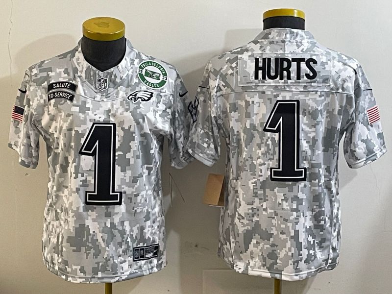 Youth Philadelphia Eagles #1 Hurts Camo Nike 2025 Salute to Service Limited NFL Jersey style 6
